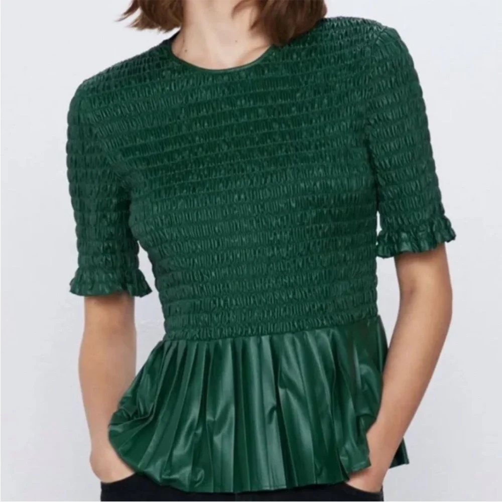ZARA Green Faux Leather Smocked Peplum Top - Picture 11 of 13